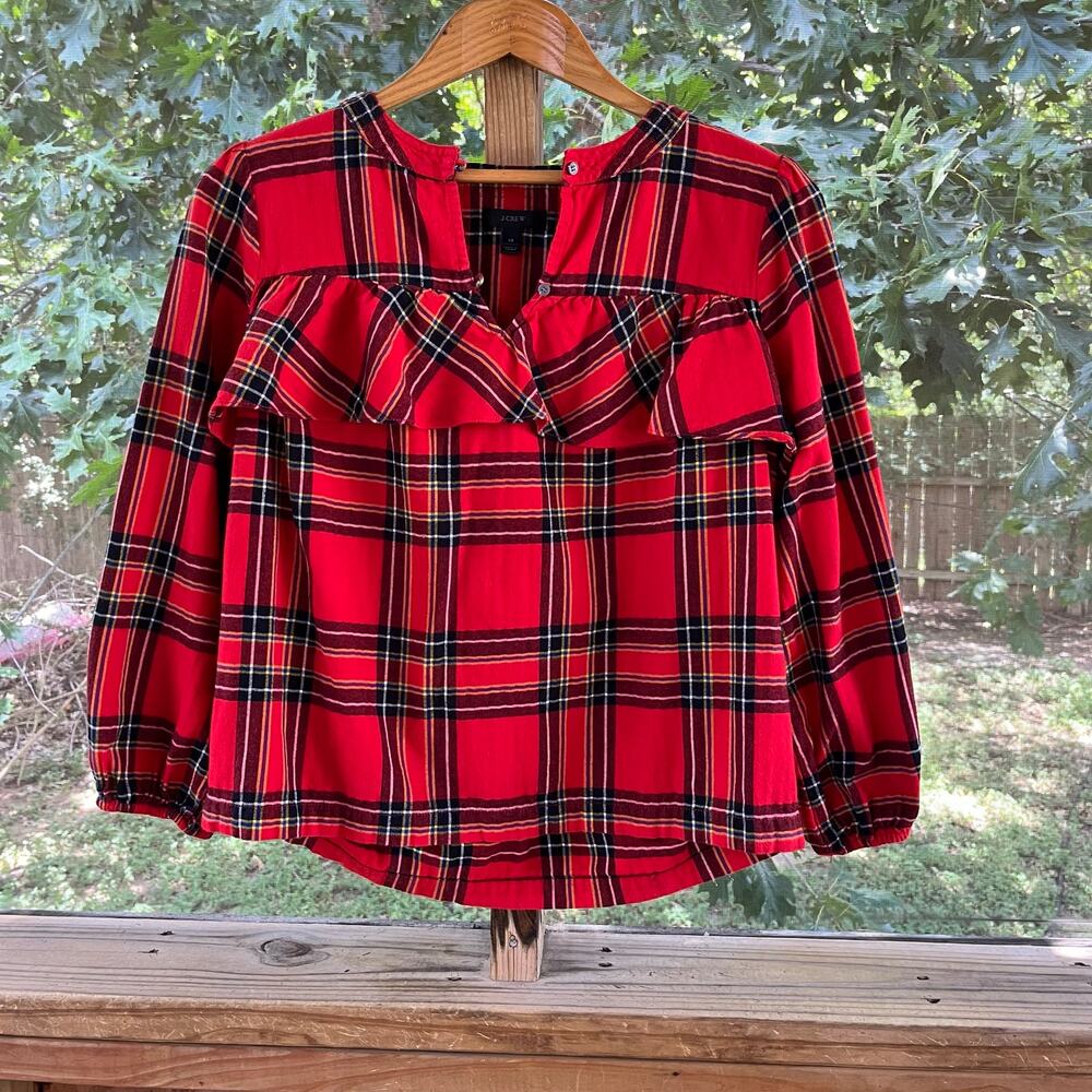 J. Crew Women's Red Plaid Tartan Ruffle Front Flannel Top Size XS